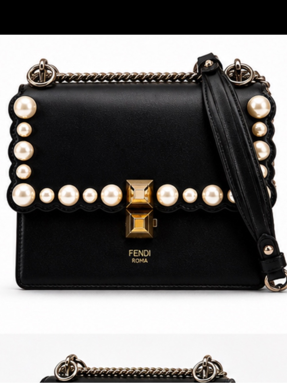 Fendi Kan I Scalloped Pearl Leather Shoulder / Crossbody Bag - Black/Gold